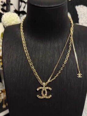 Chanel CC Embossed Necklace Gold Tone Statement Luxury Piece
